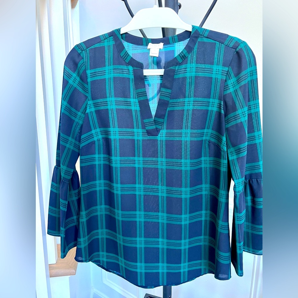 JCrew Plaid Bell Sleeve Blouse